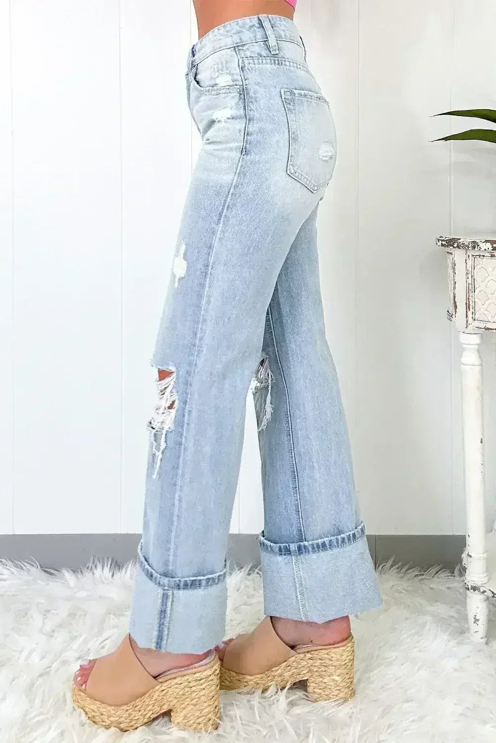 Beau Blue Light Wash Distressed Flare Jeans - Femstylo
