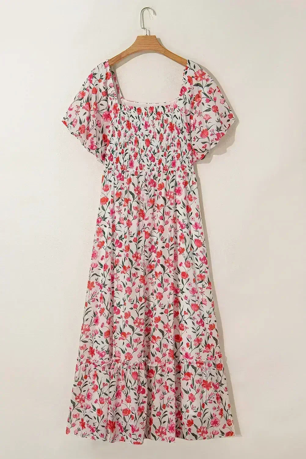 Pink Plus Size Floral Square Neck Puff Sleeve Ruffle Maxi Dress - Femstylo