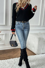 Black Contrast Striped Trim V Neck Drop Shoulder Sweater