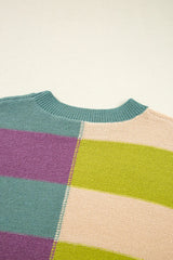 Green Stripe Colorblock Drop Shoulder Ribbed Edge Sweater