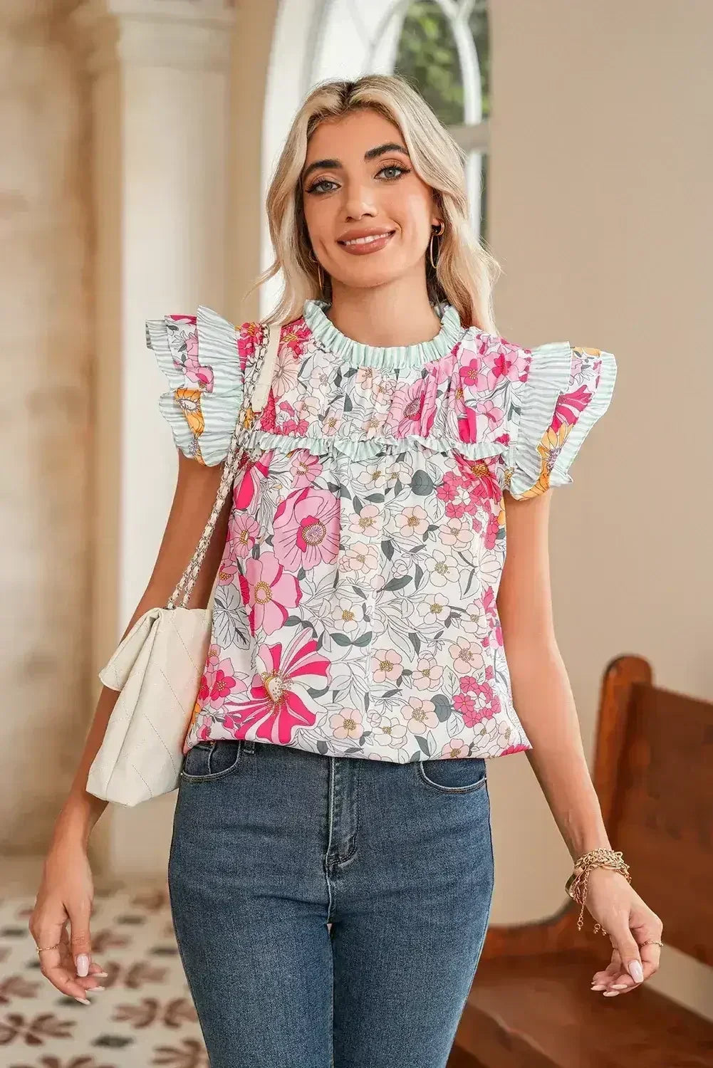 Pink Floral Print Ruffle Trim Pleated Boho Blouse | Femstylo - Femstylo