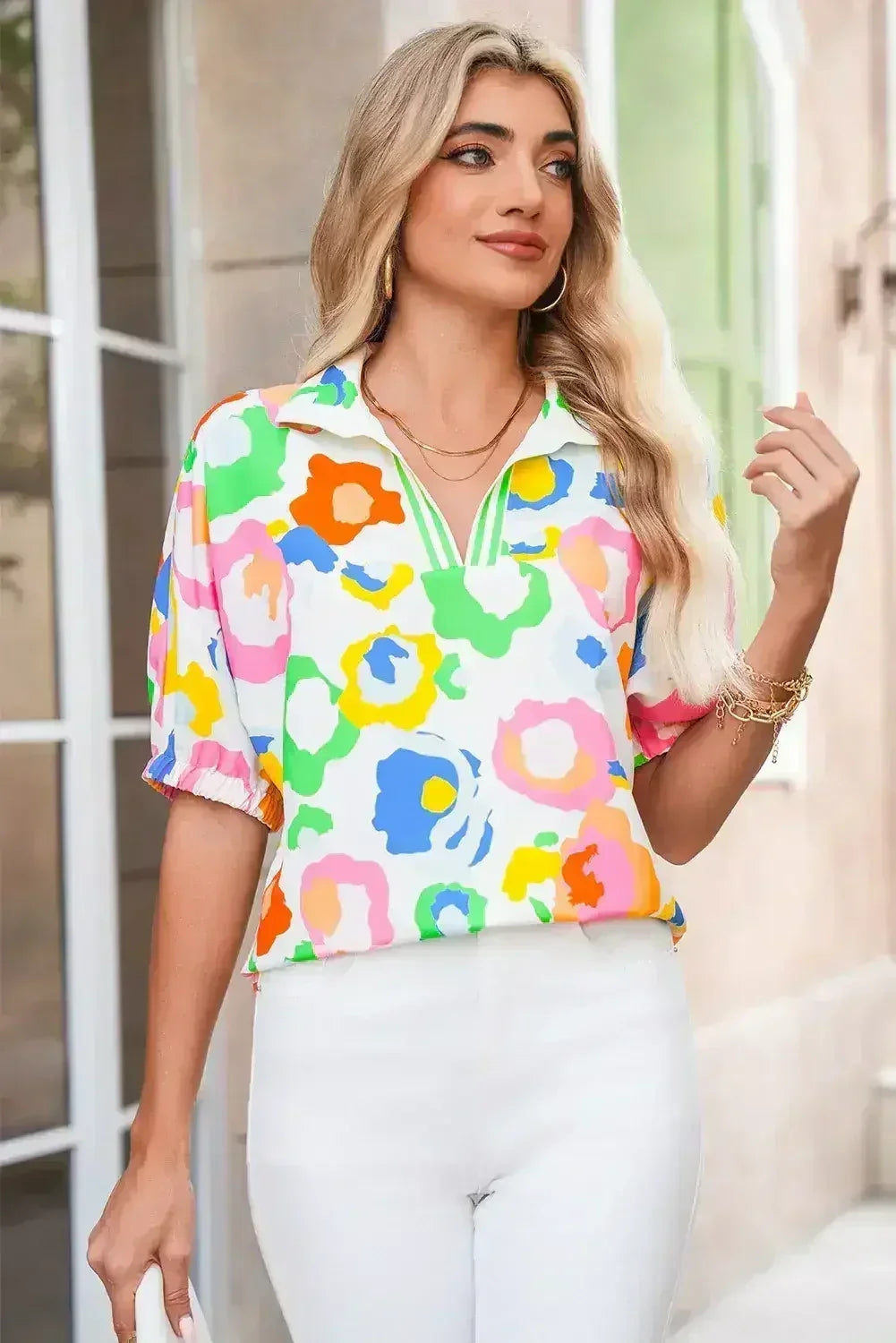 Green Abstract Leopard Short Sleeve Pop of Color Blouse | Femstylo - Femstylo