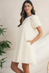 Beige Striped Print Puff Sleeve Textured Mini Dress - Femstylo