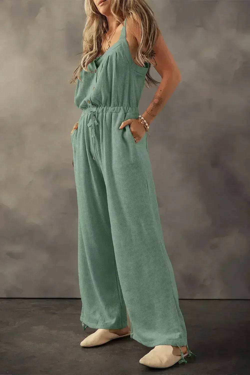 Moss Green Knotted Straps Button Textured Drawstring Jumpsuit - Femstylo