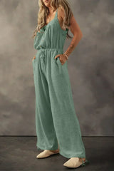 Moss Green Knotted Straps Button Textured Drawstring Jumpsuit - Femstylo
