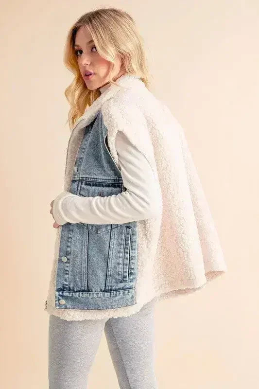Aemi + Co Fake Two Pieces Denim Patch Sherpa Vest Coat - Femstylo