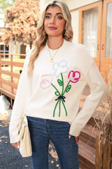 White Floral Embroidered Drop Sleeve Knit Sweater