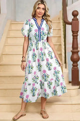 Blue Floral Ruffle Hem Pop of Color Neckline Dress - Femstylo