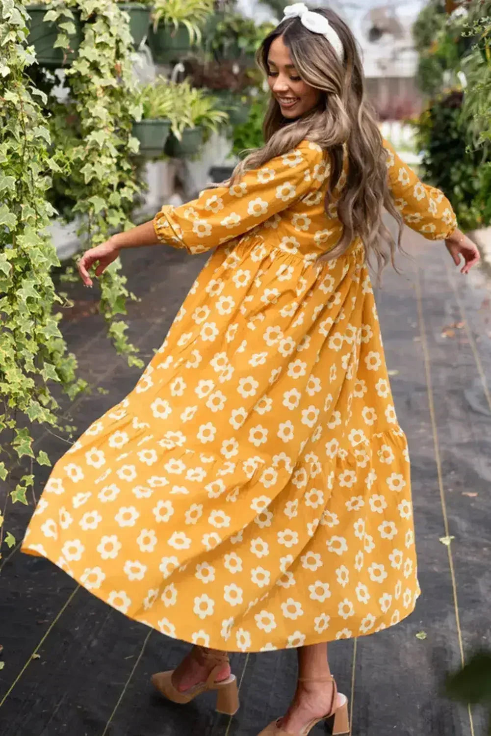 Yellow Flower Print Bracelet Sleeve Buttons Collared Maxi Dress - Femstylo
