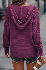 Purple Split V Neck Pullover Hooded Sweater