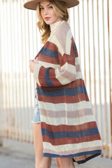 Dark Blue Color Block Striped Cut Out Knit Cardigan