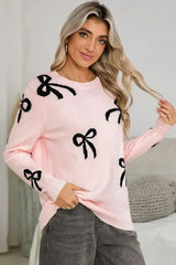 Light Pink Bow Print Long Sleeve Loose Fit Sweater - Femstylo
