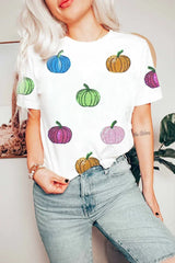 White Sequin Pumpkin Patched Cotton Blend T Shirt