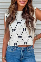 White Bow Pattern Buttoned Side Cropped Sweater Vest - Femstylo