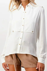 Long Sleeve Button-Down Blouse with Gold Button Accents - Femstylo