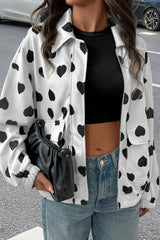 White Zipper Heart Print Collared Jacket