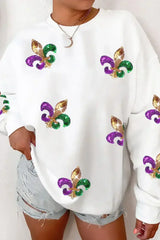 White Sequin MARDI GRAS Graphic Pullover Sweatshirt - Femstylo