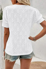 White Embroidered Floral Geometric Button Short Sleeve Top | Femstylo - Femstylo