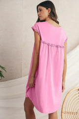 Oatmeal Frilled Trim Crewneck Loose Fit Mini Dress - Femstylo