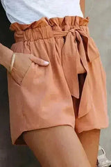 Ruffled Tied Waist Solid Shorts - Femstylo