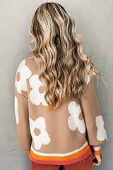 Smoke Gray Big Flower Pattern Contrast Striped Baggy Sweater