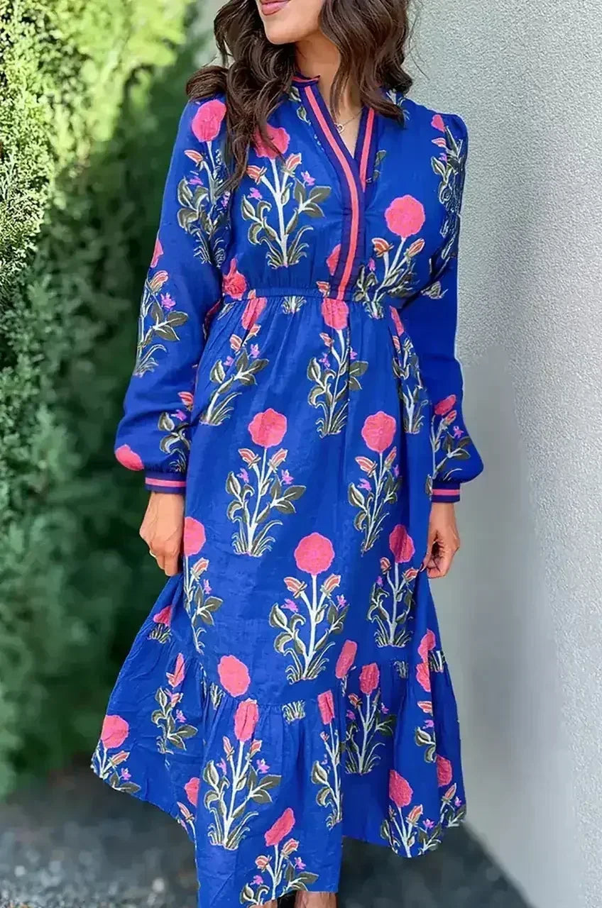 Blue Floral Print Pop of Color Neckline Long Sleeve Midi Dress - Femstylo
