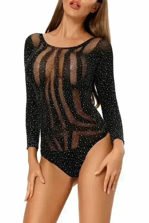 Rhinestone Long Sleeves Hollow-out Bodysuit - Femstylo