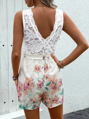 Lace Printed V-Neck Sleeveless Romper - Femstylo