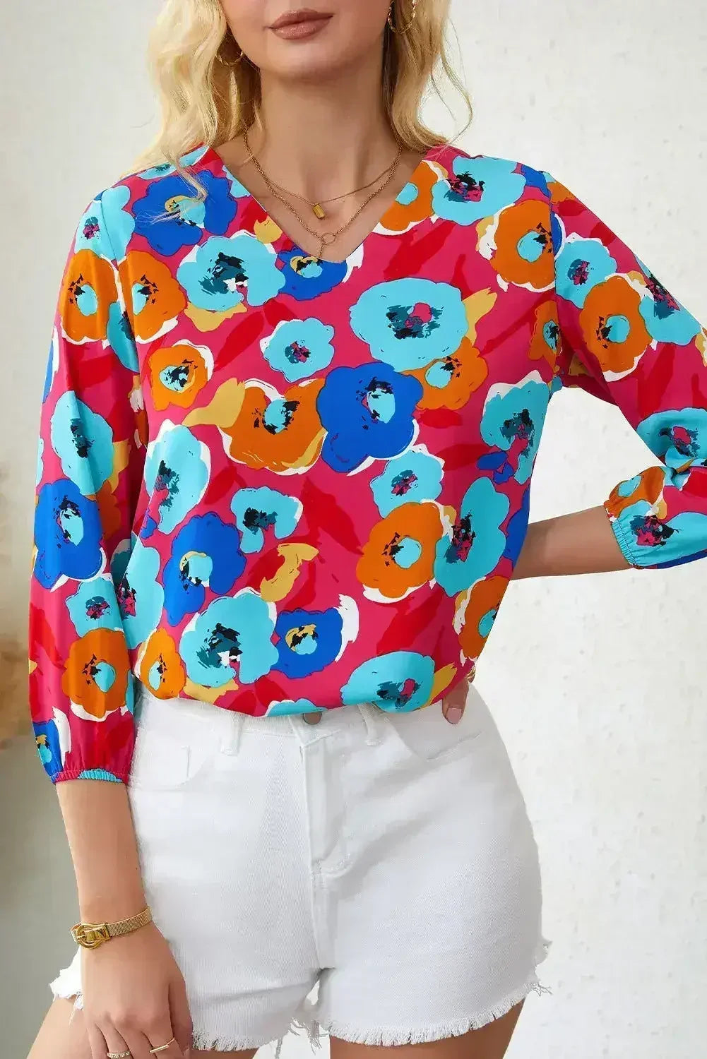 Floral Print V Neck Blouse - 3/4 Sleeve & Non-Stretch | Femstylo - Femstylo