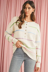 White Rainbow Striped Drop Sleeve Henley Sweater - Femstylo