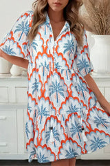 Orange Palm Tree Print Short Sleeve Flowy Dress - Femstylo