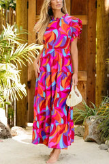 Orange Abstract Printed High Waist Ruffle Tiered Long Dress - Femstylo