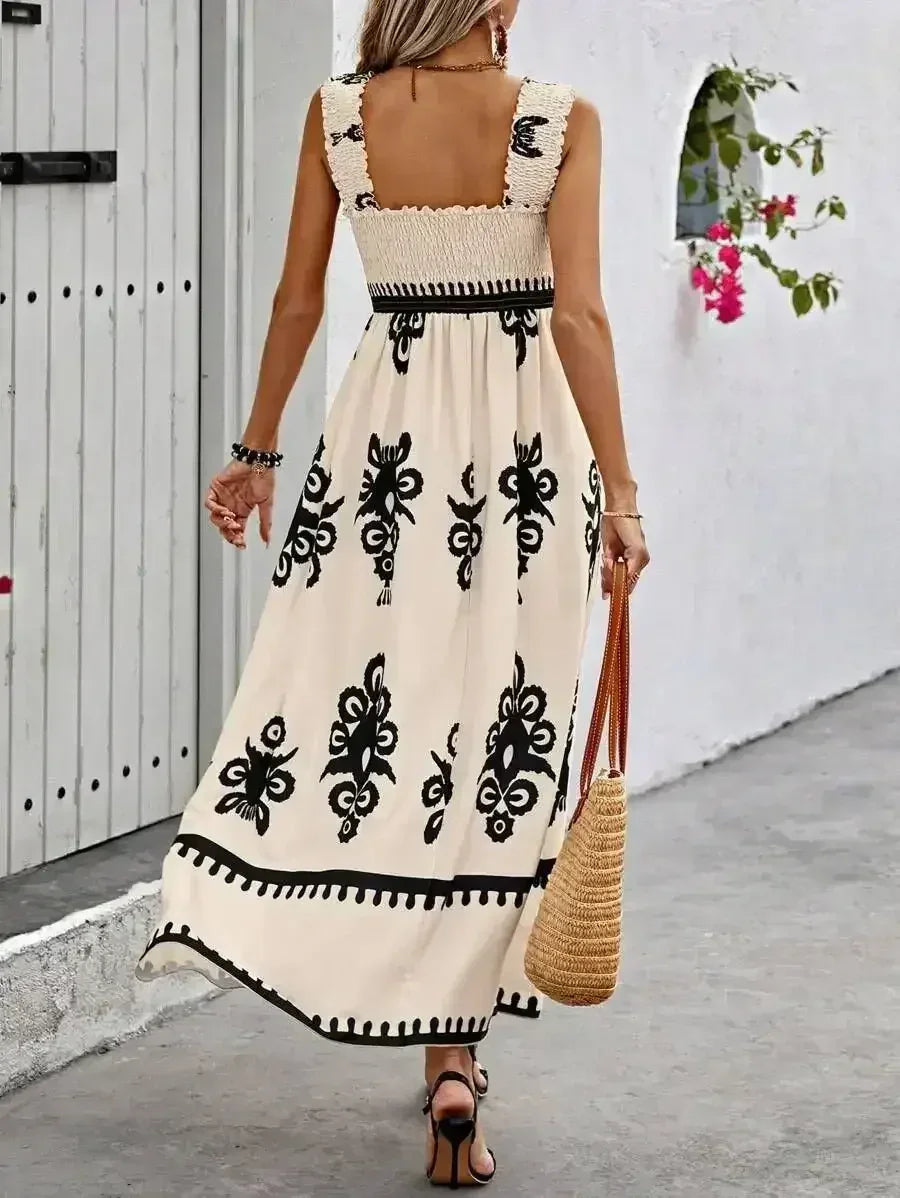 Black Boho Print Smocked Ruffle Sleeveless Maxi Dress - Femstylo