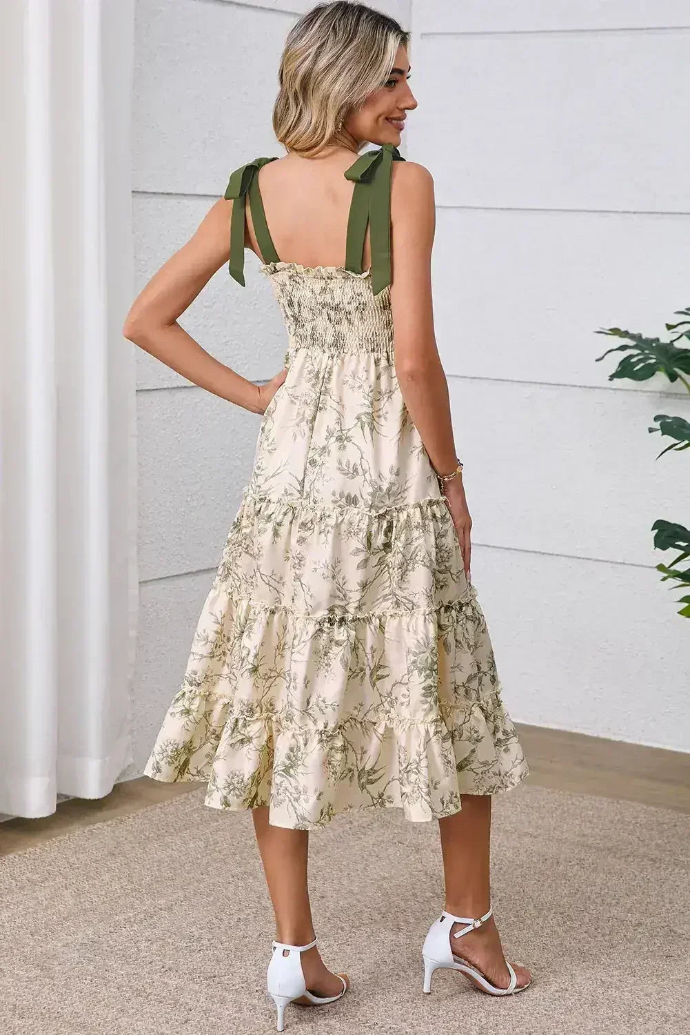 Green Floral Smocked High Waist Tiered Midi Dress - Femstylo