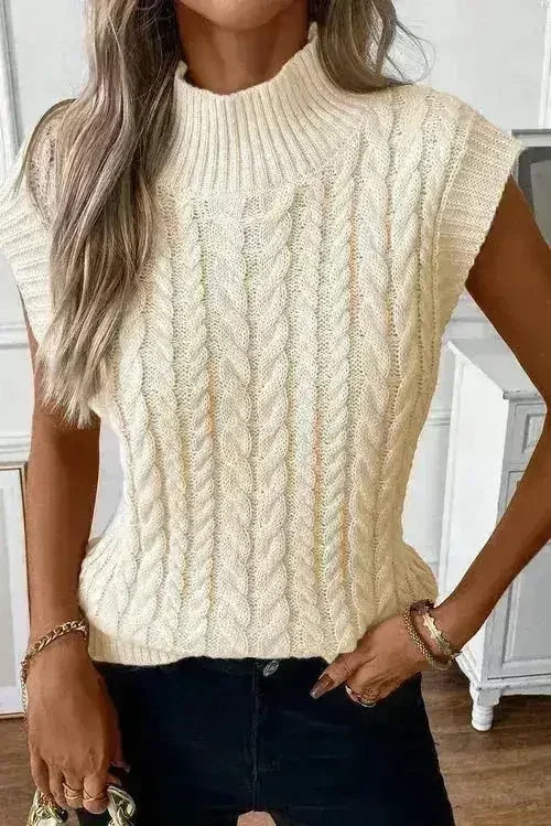 Cable Knit Sweater Vest – High Neck & Textured Oatmeal - Femstylo