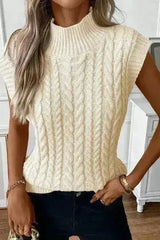 Cable Knit Sweater Vest – High Neck & Textured Oatmeal - Femstylo