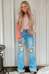 Pink Corded Colorblock Patchwork Drop Shoulder Long Sleeve Top - Femstylo