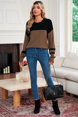 Dark Brown Colorblock Striped Sleeve Detail Knit Sweater