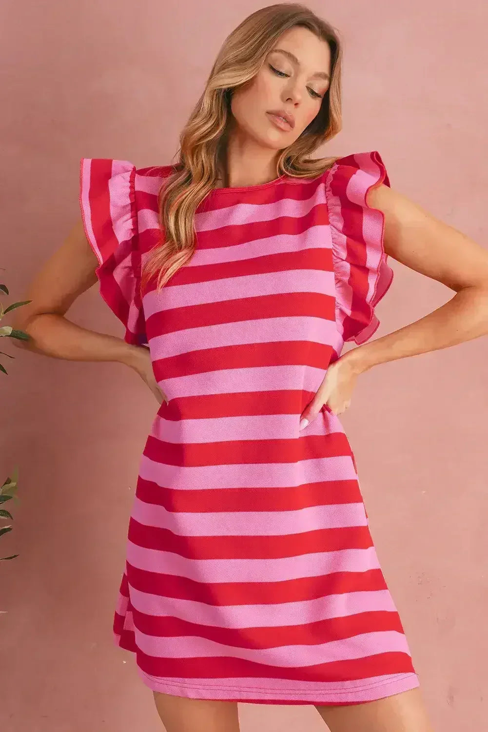 Black Stripe Flutter Sleeve Round Neck Shift Mini Dress - Femstylo