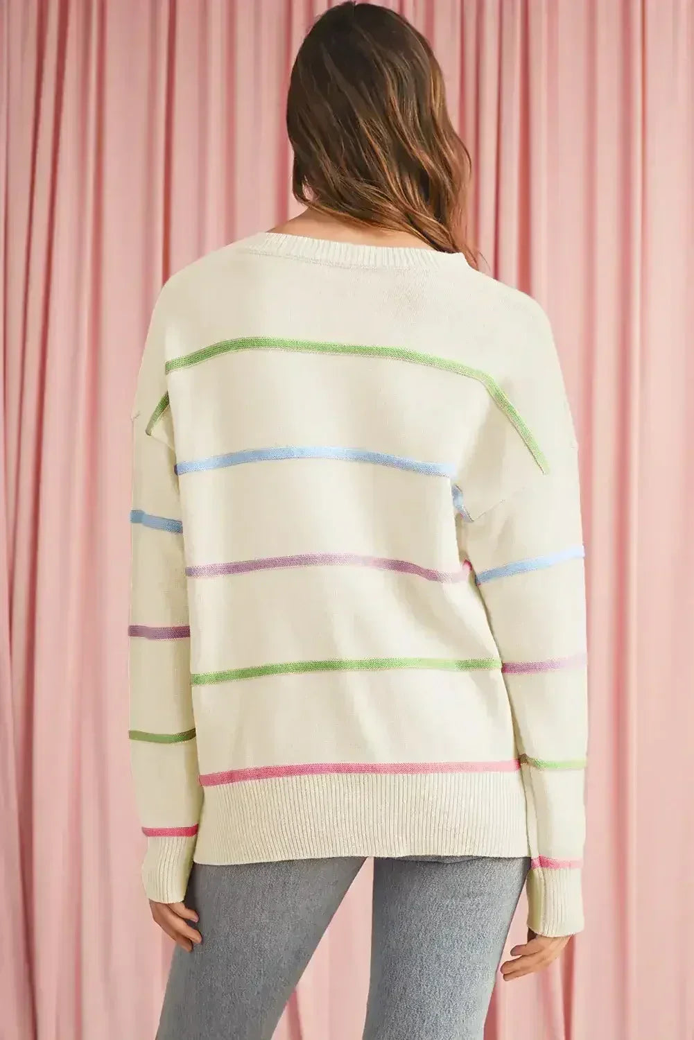 White Rainbow Striped Drop Sleeve Henley Sweater - Femstylo
