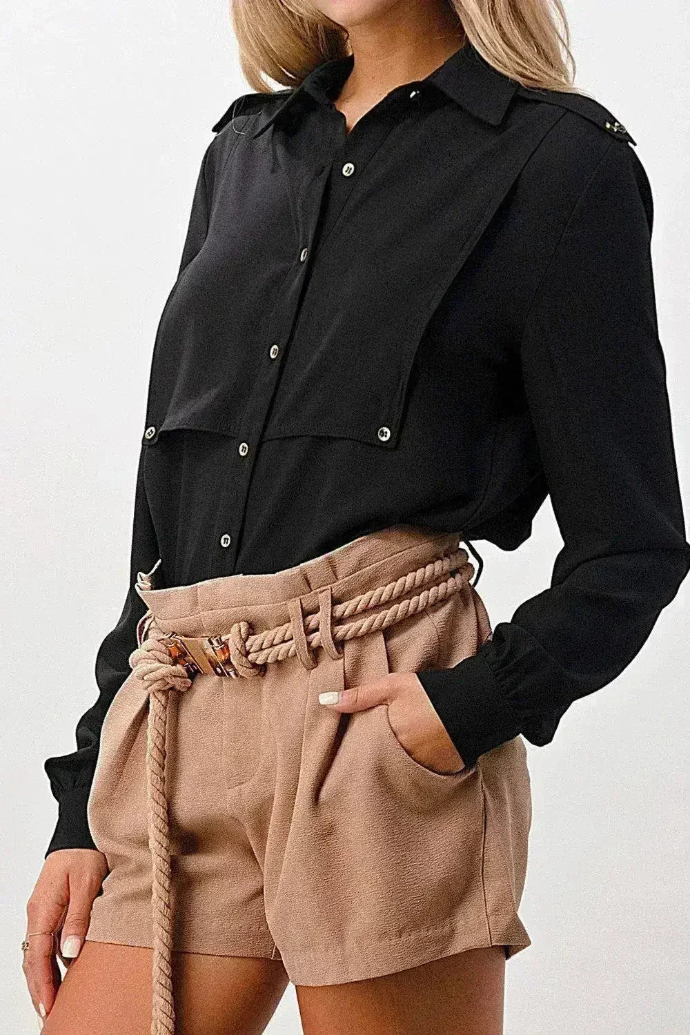 Long Sleeve Button-Down Blouse with Gold Button Accents - Femstylo