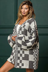 Taupe Colorblock Checked Open Front Knitted Cardigan