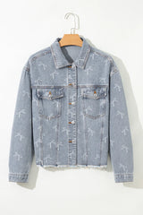 Sky Blue Bow Print Light Wash Raw Hem Denim Jacket