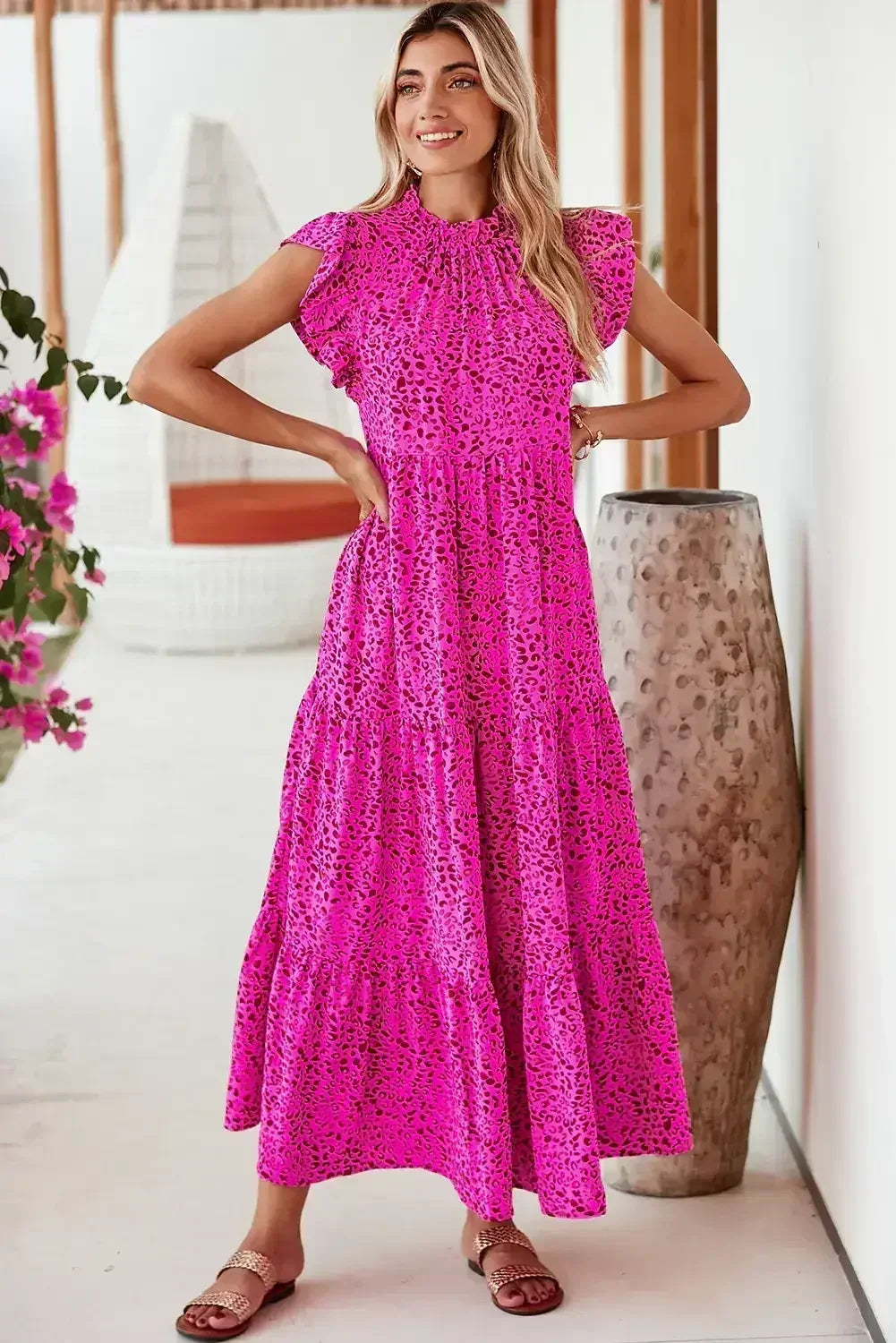 Rose Red Leopard Print Ruffle Sleeveless Maxi Dress - Femstylo