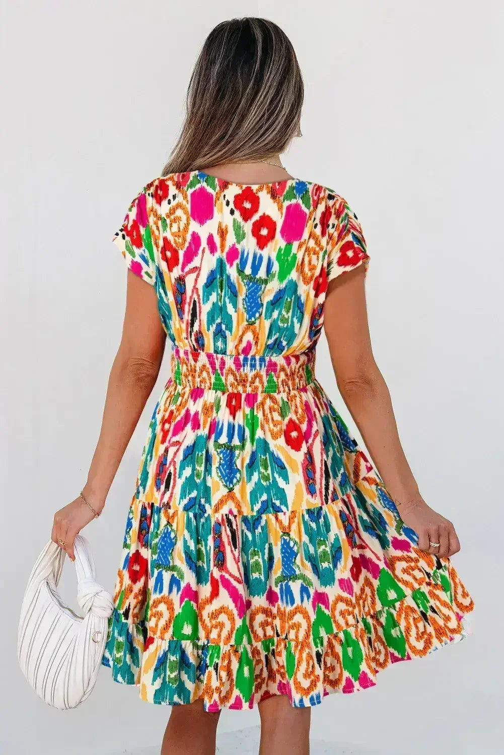 Sky Blue Abstract Print V Neck Dolman Sleeve Ruffle Tiered Mini Dress - Femstylo