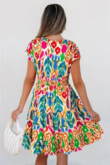 Sky Blue Abstract Print V Neck Dolman Sleeve Ruffle Tiered Mini Dress - Femstylo