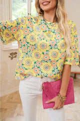 Yellow Summer Flower Print Drop Shoulder Loose T Shirt - Femstylo