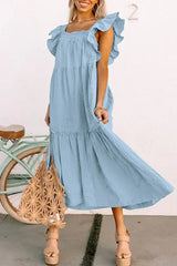 Purple Ruffled Flutter Sleeve Square Neck Textured Tiered Maxi Dress - Femstylo