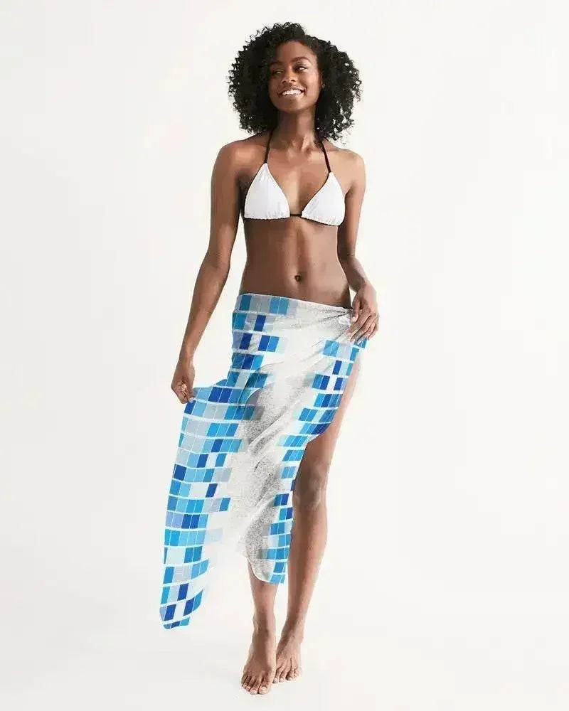 Sheer Mosaic Squares Blue and White Swimsuit Cover Up - Femstylo