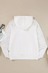 White Lace Patchwork Sleeve Drawstring Hoodie - Femstylo